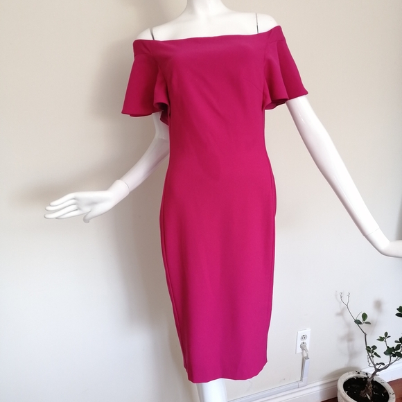 One-Shoulder Fuchsia Midi Dress with Flutter Detail - Picture 3 of 8